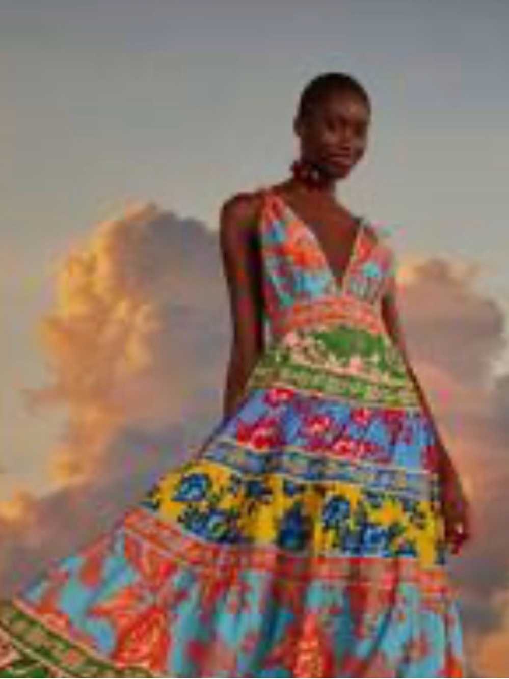 FARM Rio Blue Orange Green Pink Yellow Tiered Floral Maxi Dress